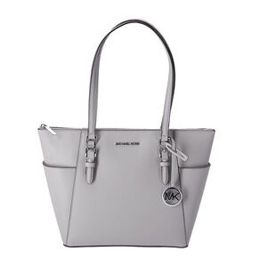 Michael Kors Charlotte Signature Leather Large Top Zip Gray Tote Bag